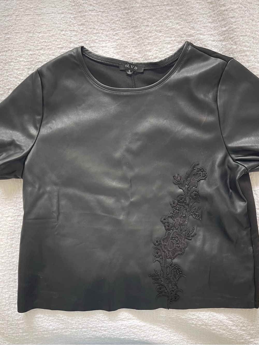 BLVD Black Faux Leather Short Sleeve Tee with Floral Appliqué
